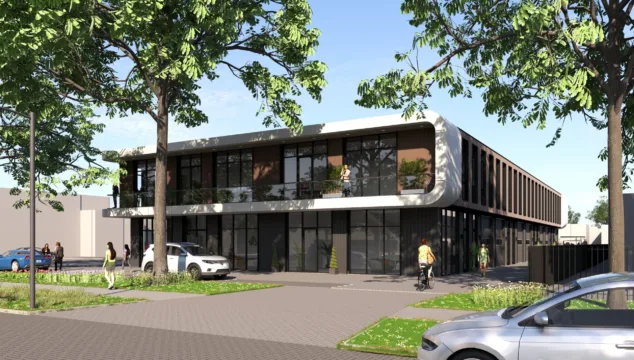 Voorgevel van nieuwbouw bedrijfspand aan de Vlambloem in Rotterdam