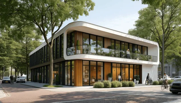 Voorzijde van een modern bedrijfspand in Ermelo