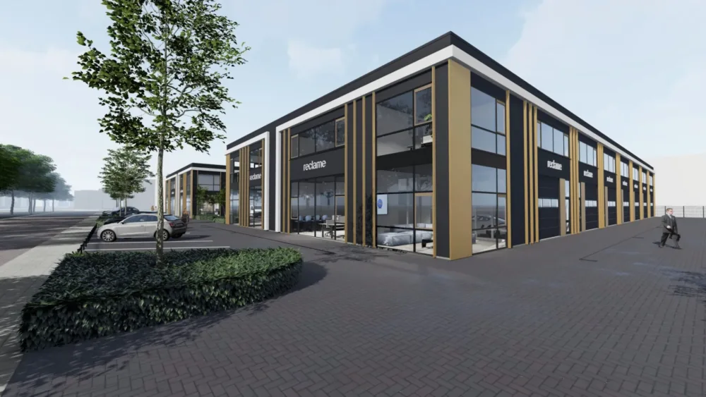 Bedrijfspanden die zijn ontwikkeld aan de Bosschendijk in Oudenbosch door Van der Meijden Vastgoed. Dit zijn visualisaties van dat project.