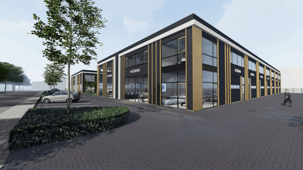 Bedrijfspanden die zijn ontwikkeld aan de Bosschendijk in Oudenbosch door Van der Meijden Vastgoed. Dit zijn visualisaties van dat project.