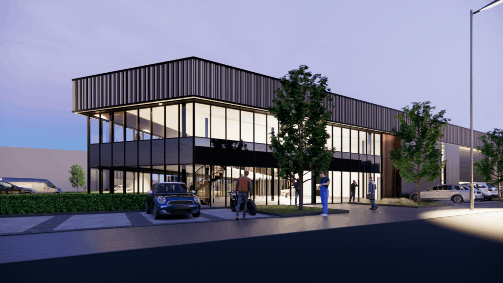 Een visualisatie van van het bedrijfspand wat Van der Meijden Vastgoed heeft ontwikkeld voor bouwgroothandel STIHO aan de Cargadoorweg in Arnhem.