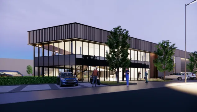 Een visualisatie van van het bedrijfspand wat Van der Meijden Vastgoed heeft ontwikkeld voor bouwgroothandel STIHO aan de Cargadoorweg in Arnhem.