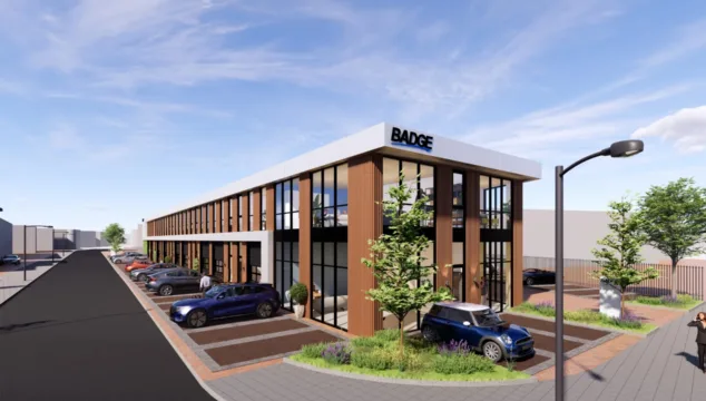 Een visualisatie van een bedrijfspand dat van der Meijden Vastgoed gaat ontwikkelen in Woerden aan de Edisonweg.