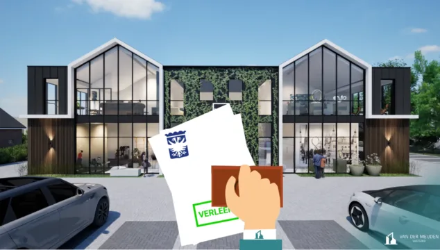 Eeen afbeelding van een visualisatie van bedrijfspanden die worden ontwikkeld in Arnhem. Op die afbeelding is een animatie getekend met een hand die met een stempel op een vel papier 