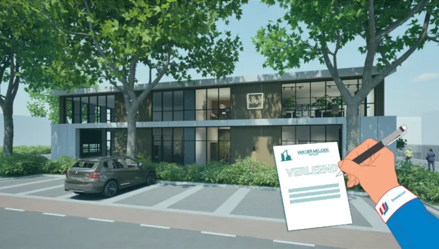 Een afbeelding van een visualisatie van een bedrijfspand in Dordrecht. Met op de voorgrond een animatie van een hand met een pen die tekent op een papier waar 