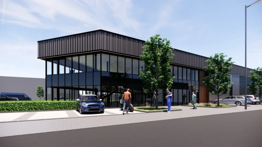 Een visualisatie van een bedrijfspand in Nijmegen dat door Van der Meijden Vastgoed wordt ontwikkeld voor Stiho.