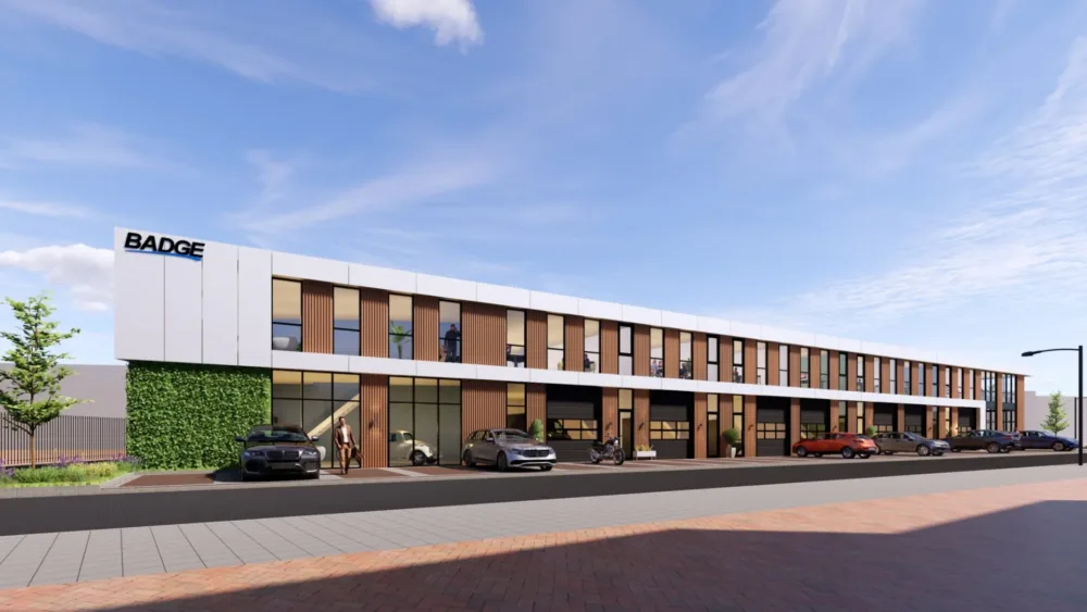Een visualisatie van een bedrijfspand aan de Edisonweg in Woerden. Ontwikkeld door Van der Meijden Vastgoed.