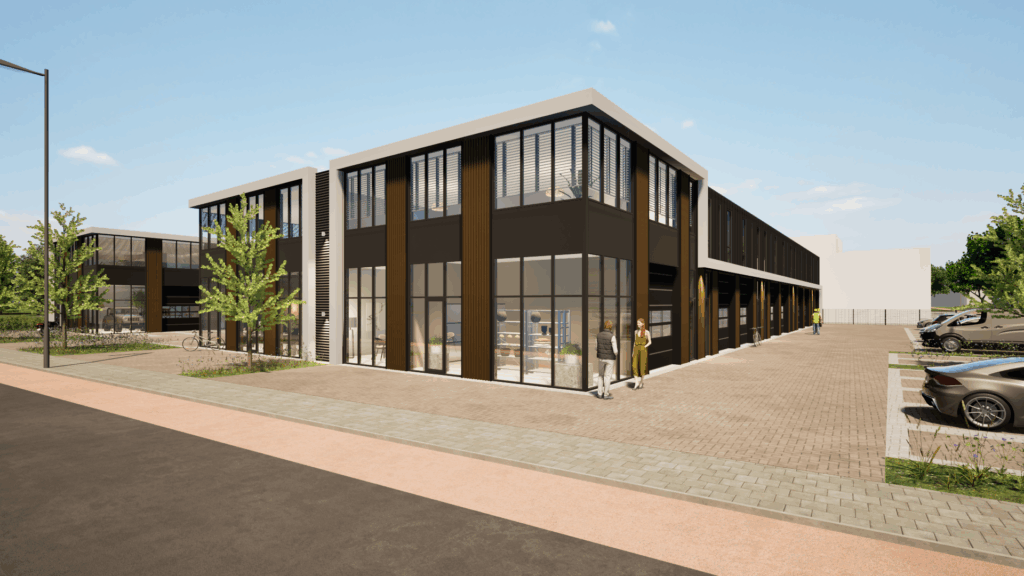 Een visualisatie van een bedrijfspand in Zoetermeer dat ontwikkeld wordt door Van der Meijden Vastgoed. De bouw is inmiddels in volle gang.