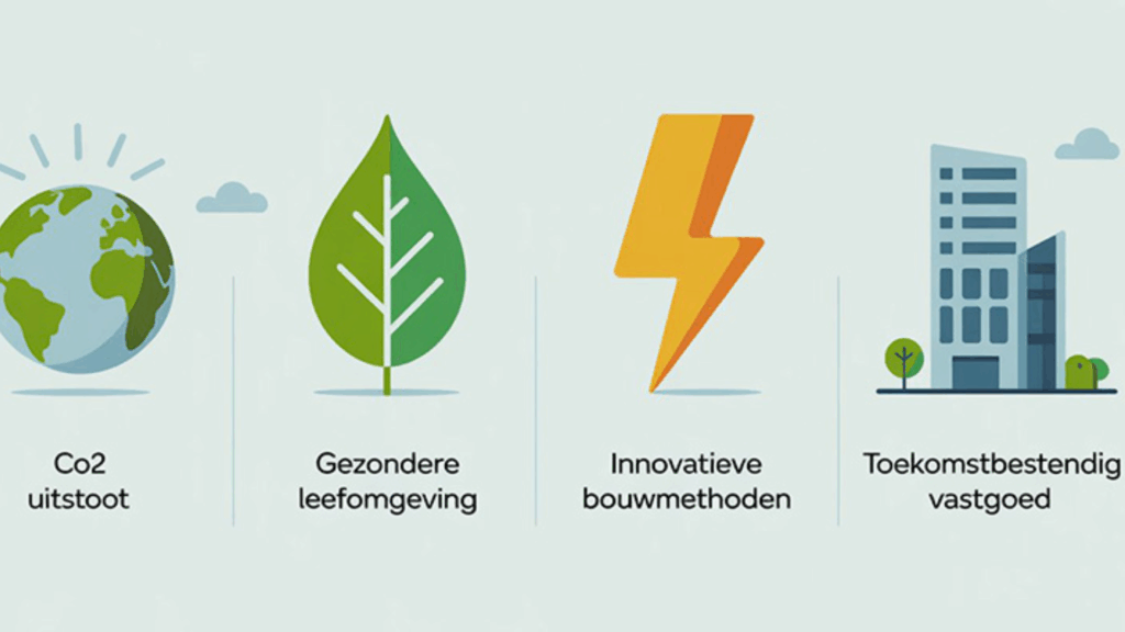 Infographic over emissieloos bouwen met vier iconen die de voordelen tonen: lagere COâ‚‚-uitstoot, een gezondere leefomgeving, innovatieve bouwmethoden en toekomstbestendig vastgoed. De afbeelding benadrukt duurzame ontwikkeling binnen de bouwsector.