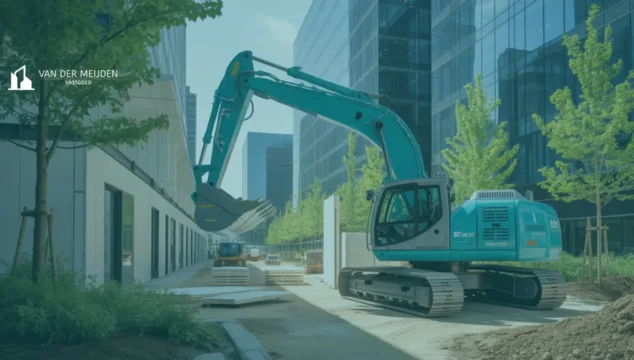 Een elektrische graafmachine aan het werk tussen moderne kantoorgebouwen, omringd door jonge bomen en duurzaam aangelegde bestrating. De afbeelding symboliseert emissieloos bouwen en de inzet van duurzame bouwmethoden door Van der Meijden Vastgoed.