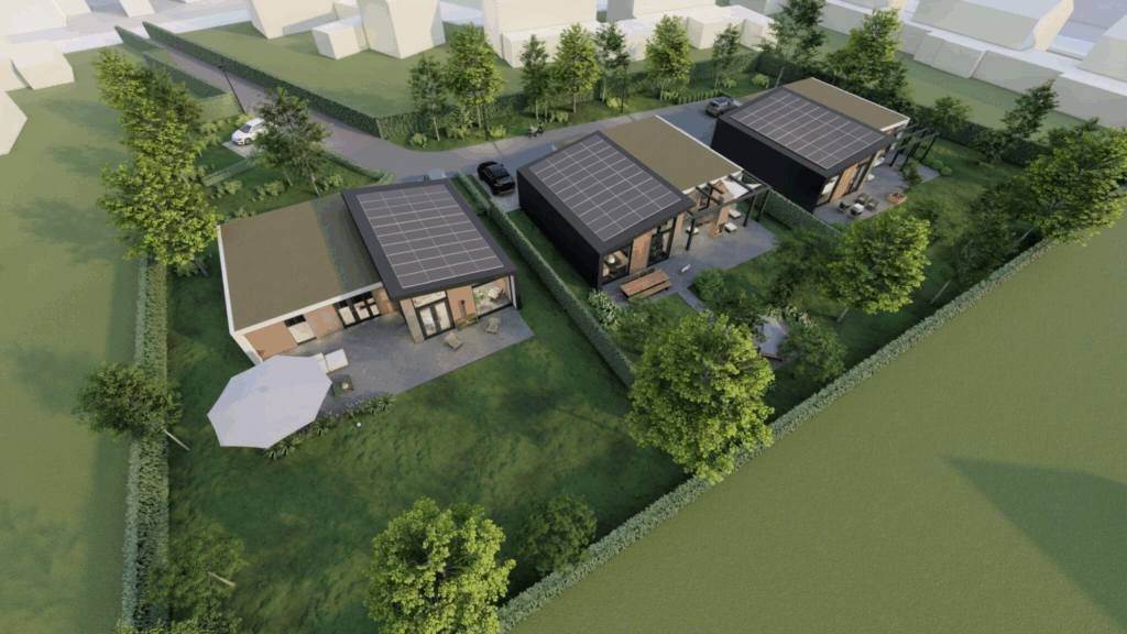 Afbeelding van een visualisatie van drie woonvilla's die van der Meijden Vastgoed heeft ontwikkeld in Bennekom aan de Margrietlaan.