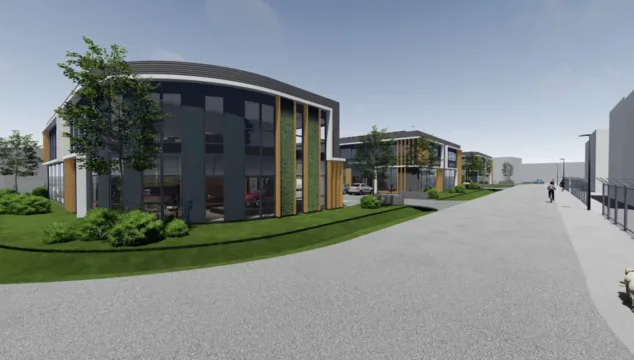 Afbeelding van een visualisatie van bedrijfspanden die zijn gerealiseerd in Dieren, nabij Arnhem.