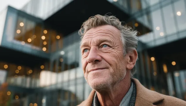 Een oudere man kijkt tevreden omhoog terwijl hij voor een modern kantoorgebouw staat met grote glazen gevels en warme verlichting. De foto verbeeldt vertrouwen en succes, passend bij het thema investeren in bedrijfspanden.