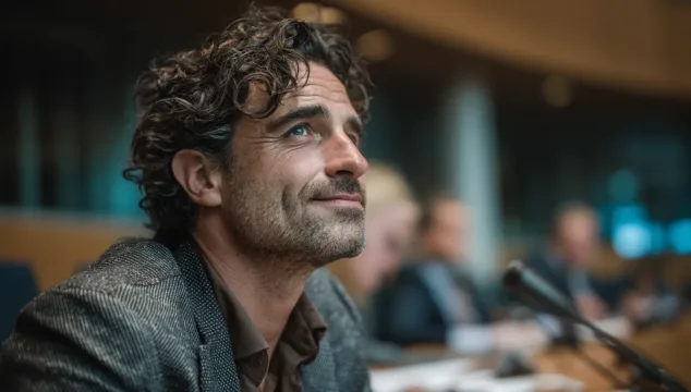 Een man met krullend haar luistert aandachtig tijdens een vergadering in een moderne raadszaal. De foto symboliseert de besluitvorming en invoering van de Omgevingswet en de invloed daarvan op ondernemers en vastgoedontwikkelaars.