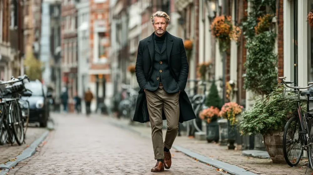 Een stijlvolle man loopt door een karakteristieke Nederlandse straat met grachtenpanden, fietsen en herfstige beplanting. De foto symboliseert waardevermeerdering van vastgoed en de aantrekkingskracht van wonen en investeren in goed onderhouden stedelijke panden.