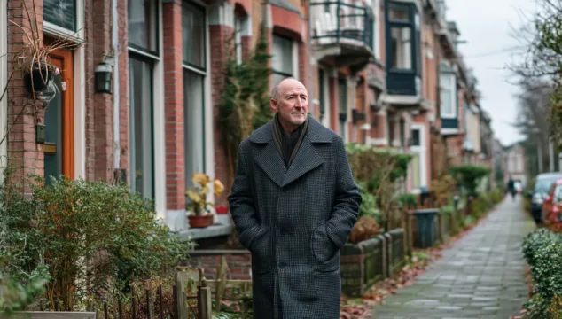 Een man van middelbare leeftijd wandelt door een rustige Nederlandse woonstraat met karakteristieke bakstenen huizen. De sfeer is kalm en reflectief, passend bij het thema van de Wet betaalbare huur en de veranderingen die deze wet teweegbrengt voor wie wil investeren in vastgoed.